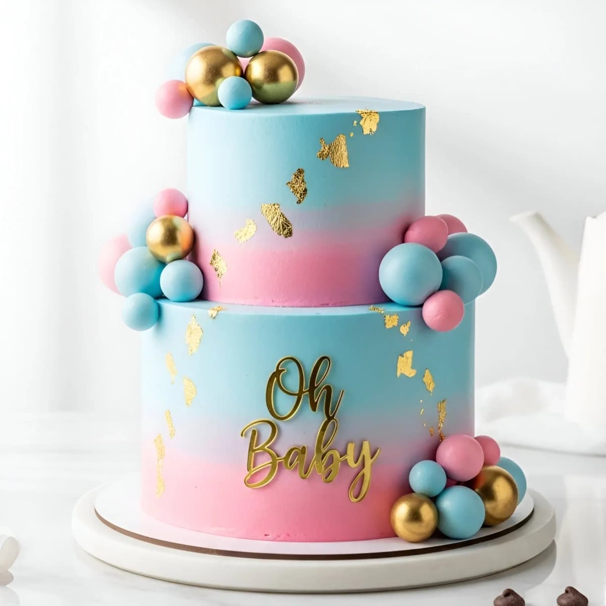 Two-tier pastel baby shower cake finished with gold leaf