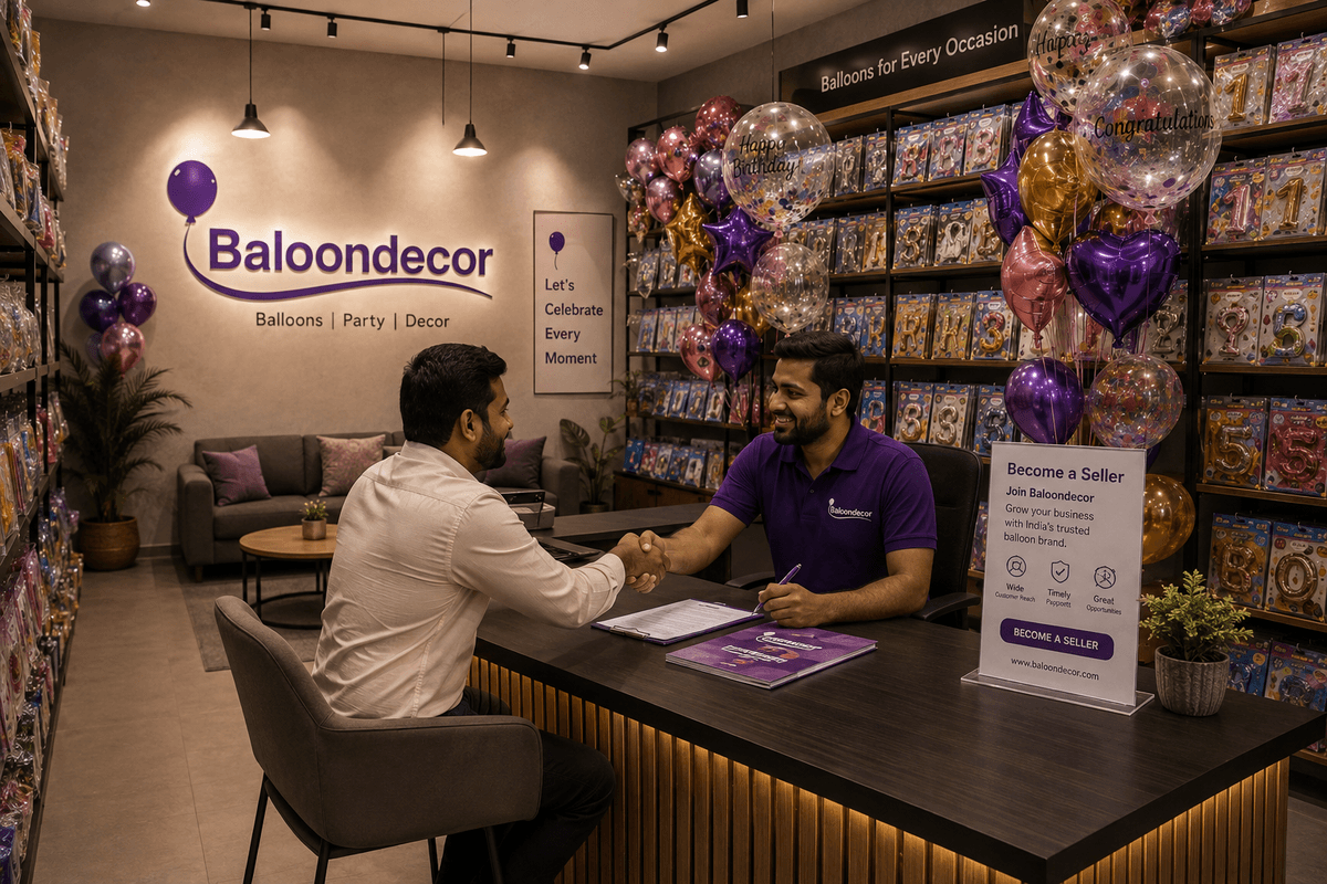 A new partner signing up for the Baloondecor seller program at a Baloondecor store