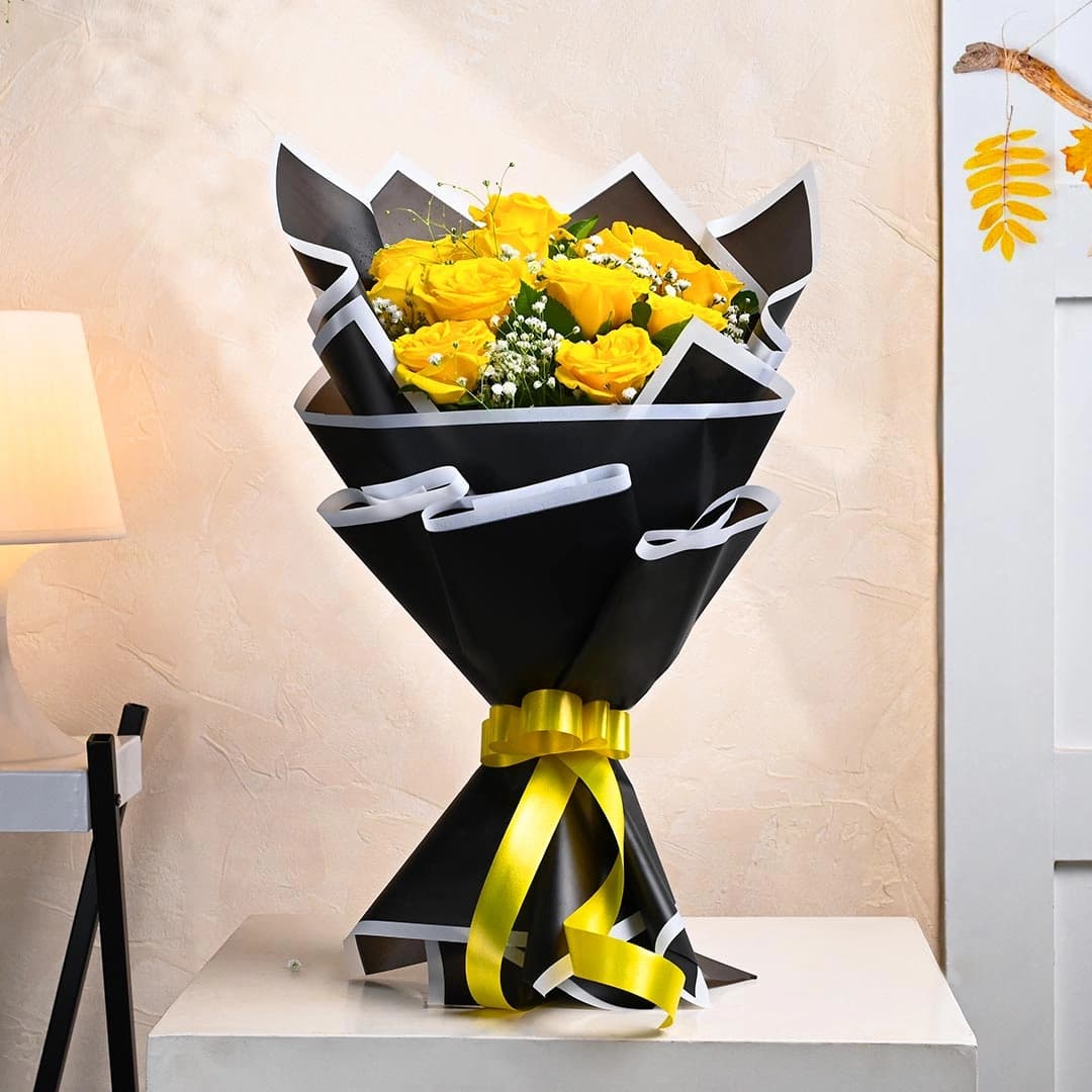 Mesmerizing Yellow Flowers  Roses In Black Paper — view 1 of 3