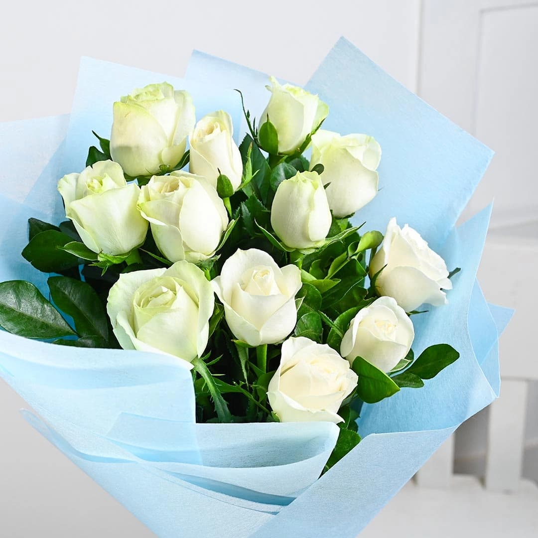 Blossom White Flowers Roses In Blue Wrapper — view 4 of 4