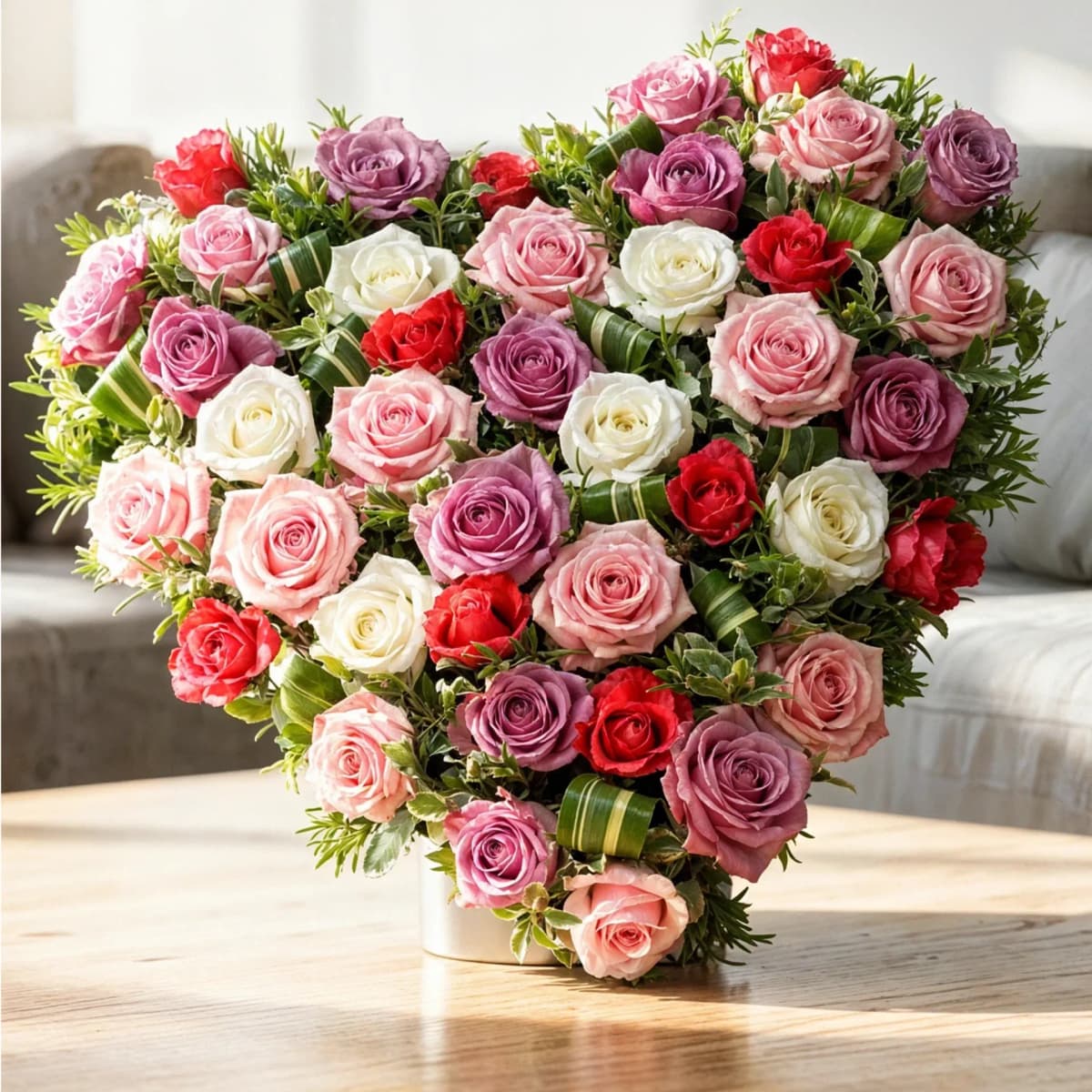 Heart Shaped Arrangement of Red, White & Pink Roses Bouquet — view 1 of 1