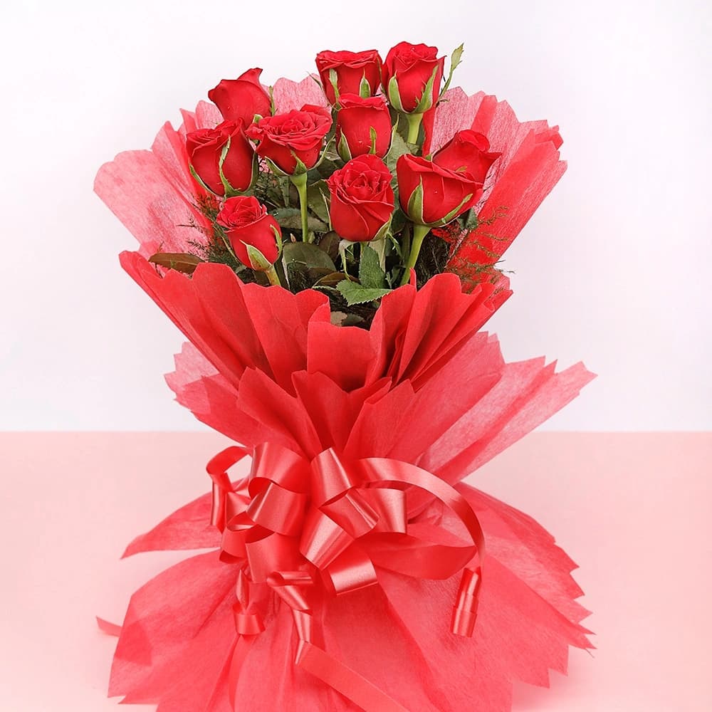 10 Red Roses in Red Paper Packing Flowers Bouquet — view 2 of 3