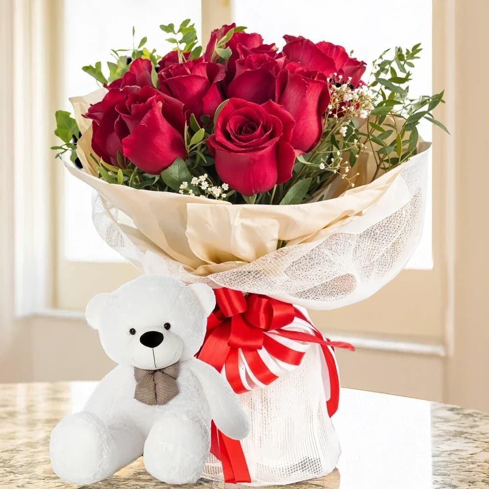 Bouquet of Red Roses and Teddy Bear Set — view 2 of 2