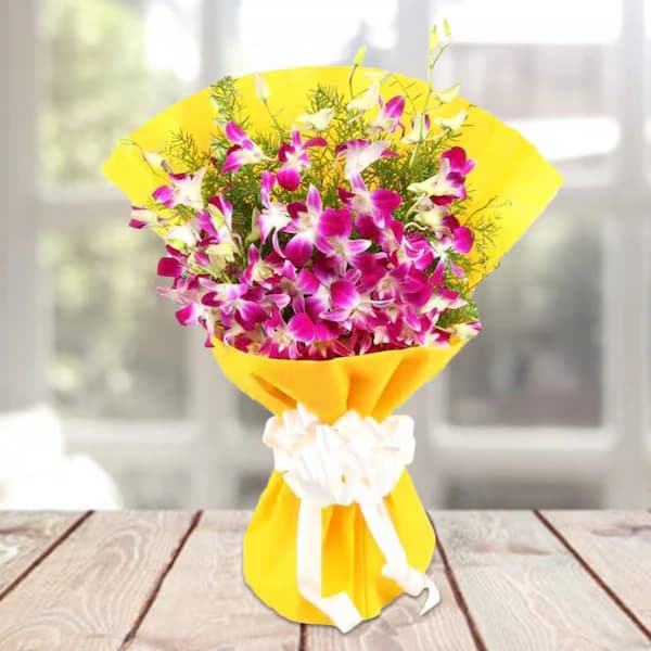 Orchids Beauty In Yellow Bright Wrapping Flowers Bouquet — view 2 of 3