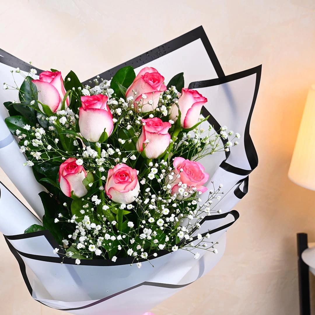 Glow And Blush Pink Flowers  Roses With Baby Breath — view 3 of 4