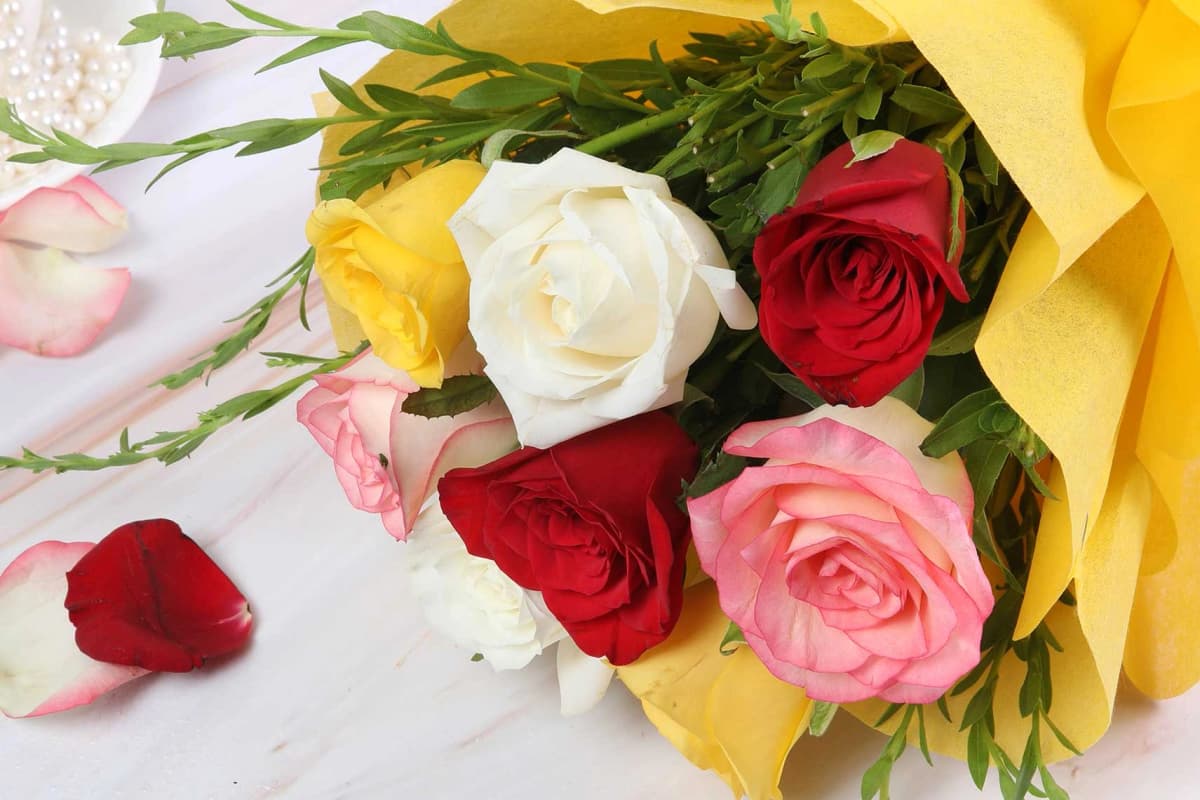 Eight rose Flowers  bouquet with yellow wrapping — view 4 of 4