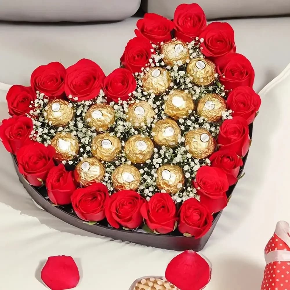 Red Roses and Chocolate in Heart Shape Box Bouquet — view 1 of 1