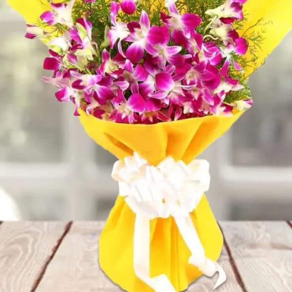 Orchids Beauty In Yellow Bright Wrapping Flowers Bouquet — view 3 of 3