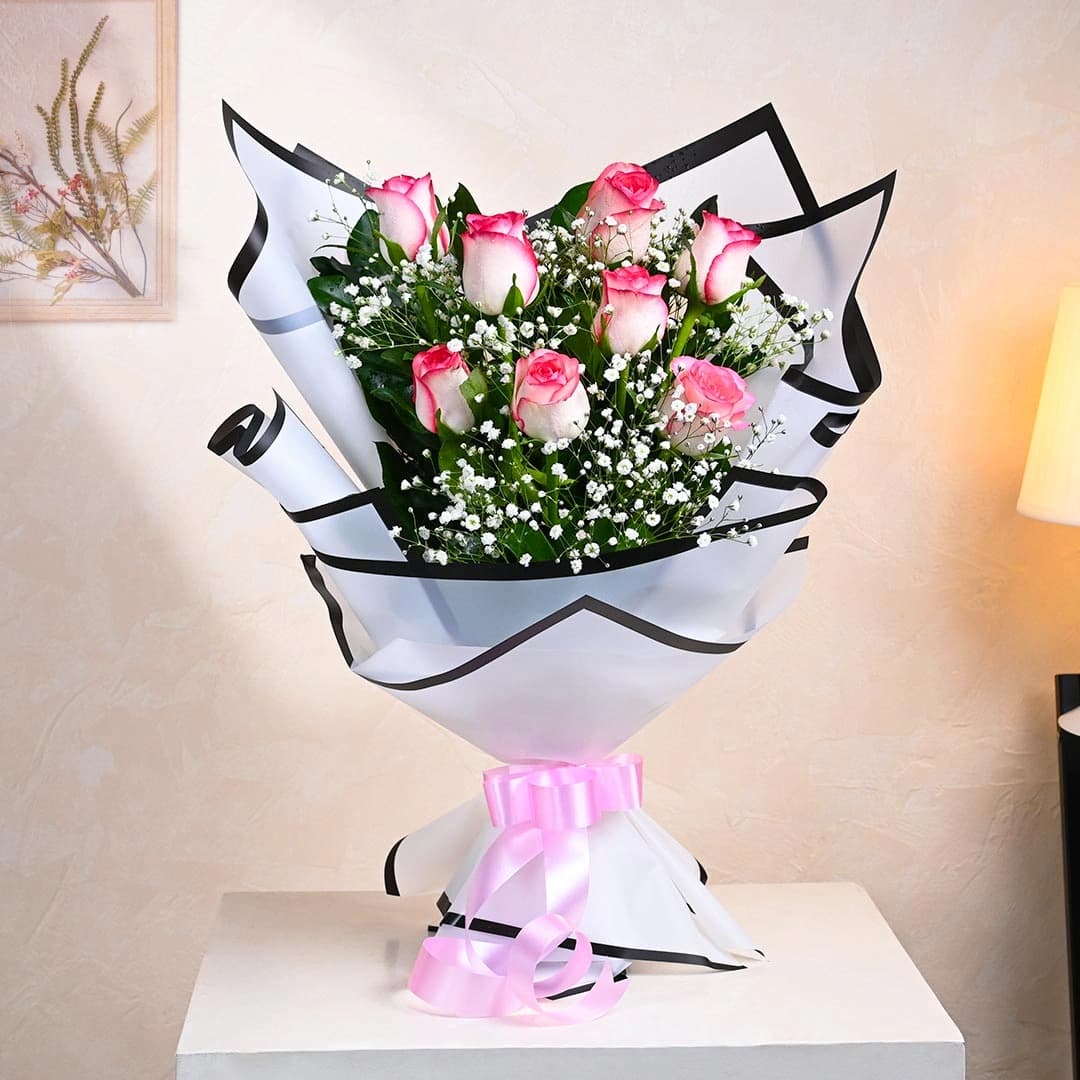 Glow And Blush Pink Flowers  Roses With Baby Breath — view 1 of 4