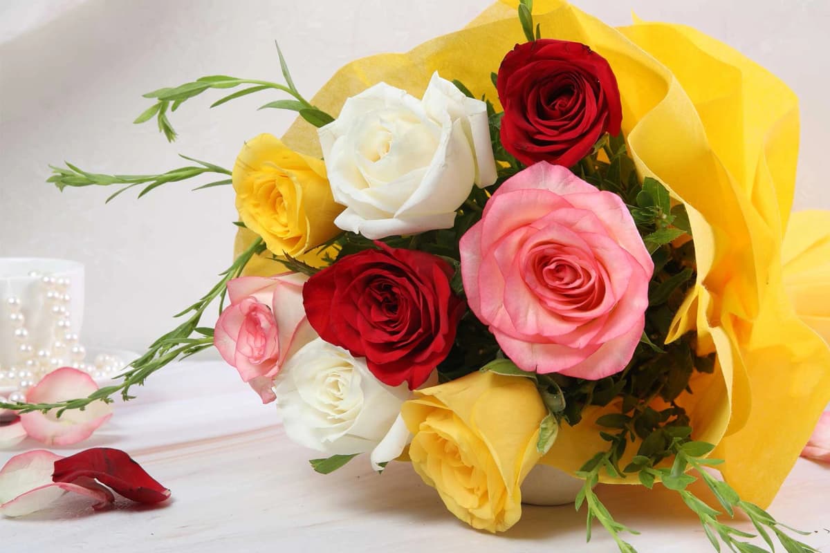 Eight rose Flowers  bouquet with yellow wrapping — view 2 of 4