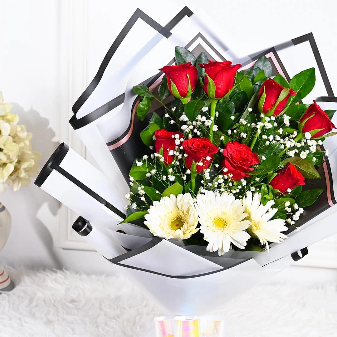 Princess Red Rose Flowers  Bouquet N White Gerberas — view 2 of 2