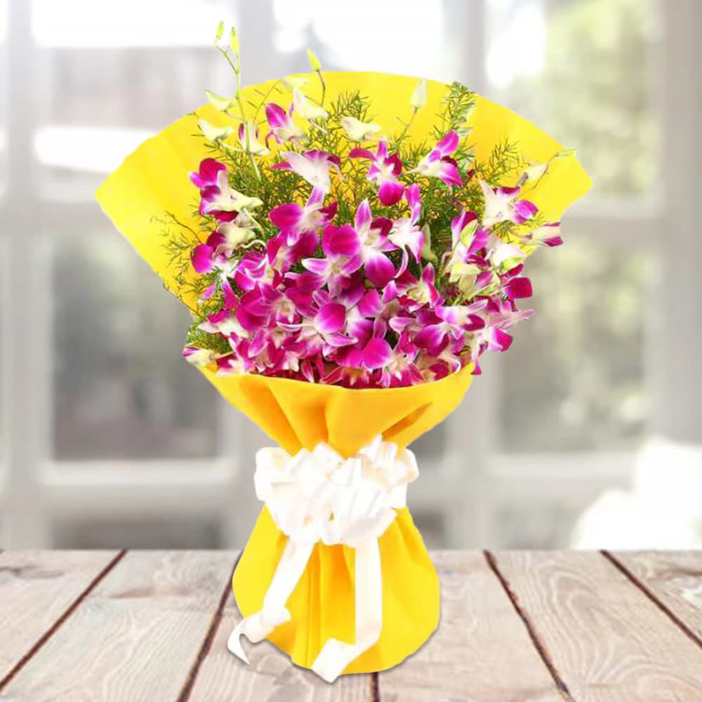 Orchids Beauty In Yellow Bright Wrapping Flowers Bouquet — view 1 of 3