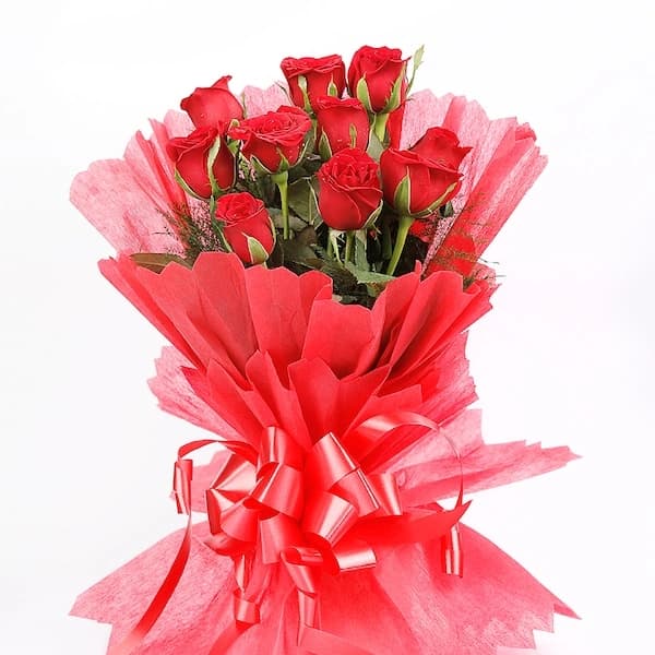 10 Red Roses in Red Paper Packing Flowers Bouquet — view 1 of 3