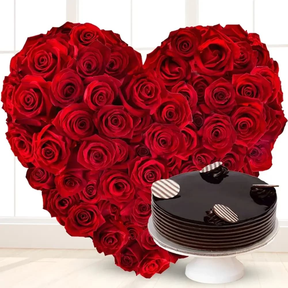 Heart Shaped Arrangement of Red Roses & Cake Set — view 1 of 1