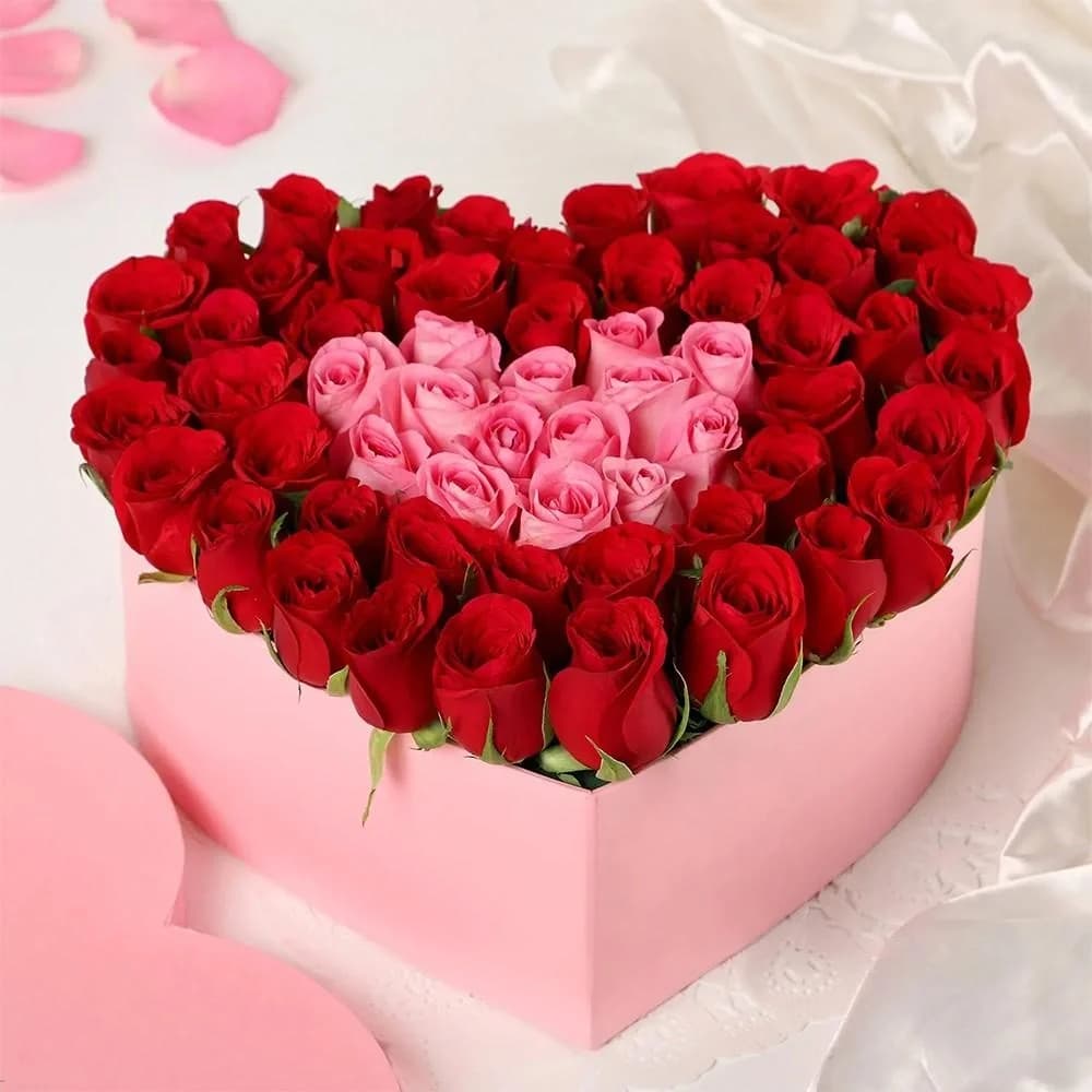 Red & Pink Roses in Heart Shape Box Bouquet — view 1 of 1
