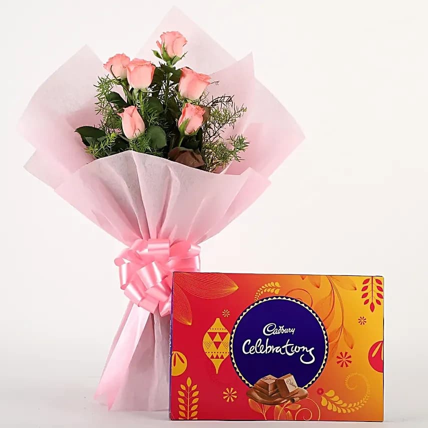Pink Flowers Roses N Chocolates — view 1 of 3