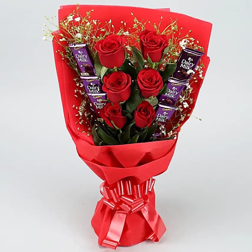 Red Roses Flowers  Bouquet With Dairy Milk Chocolates — view 3 of 4