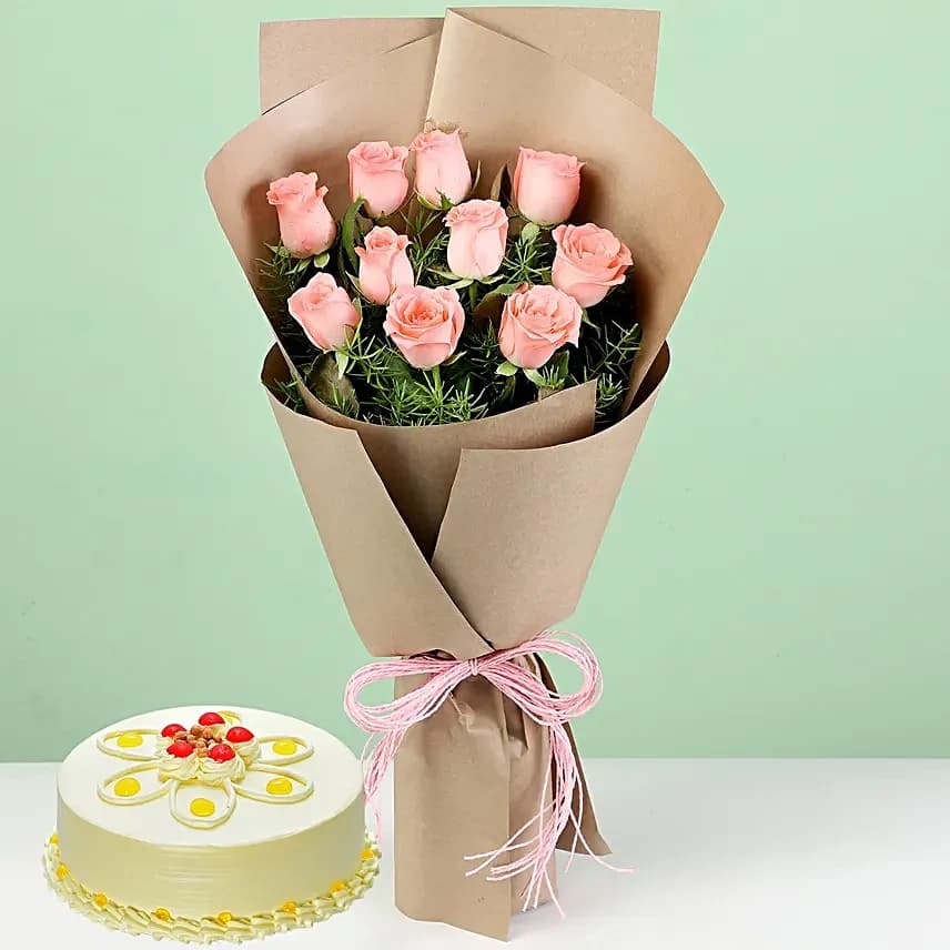 10 Pink Flowers  Roses & Butterscotch Cake — view 1 of 4