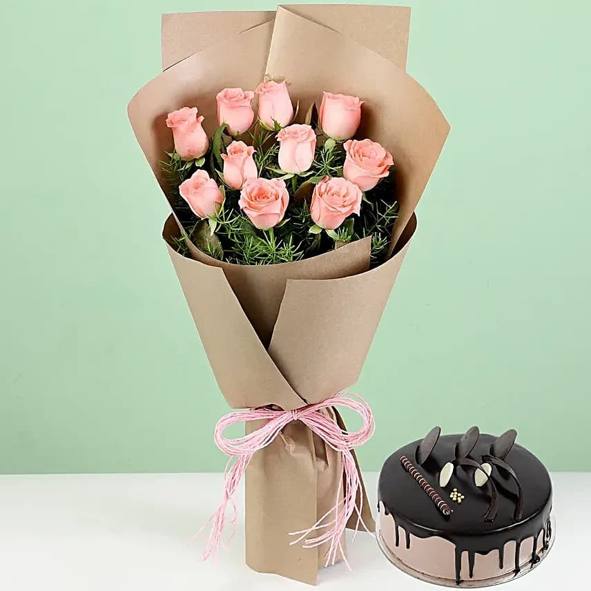 10 Pink Flowers  Roses & Chocolate Cream Cake — view 1 of 5