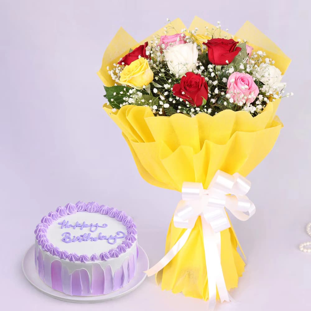 Mixed Rose Flowers  Bouquet With Vanilla Cake — view 1 of 2