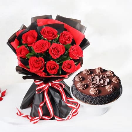 Decadent Chocolate Truffle Cake And Red Roses Flowers  Bouquet Combo — view 1 of 4