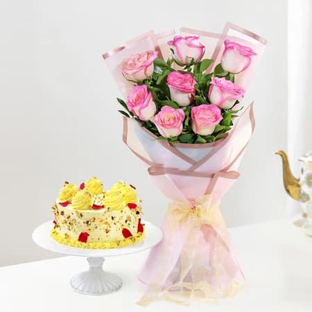 Rasmalai Burst Cake And Rose Flowers  Bouquet Combo — view 1 of 5