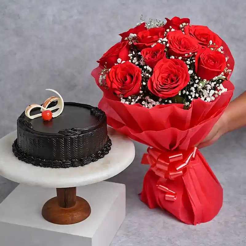 Roses Flowers  with Truffle Cake Combo — view 1 of 2