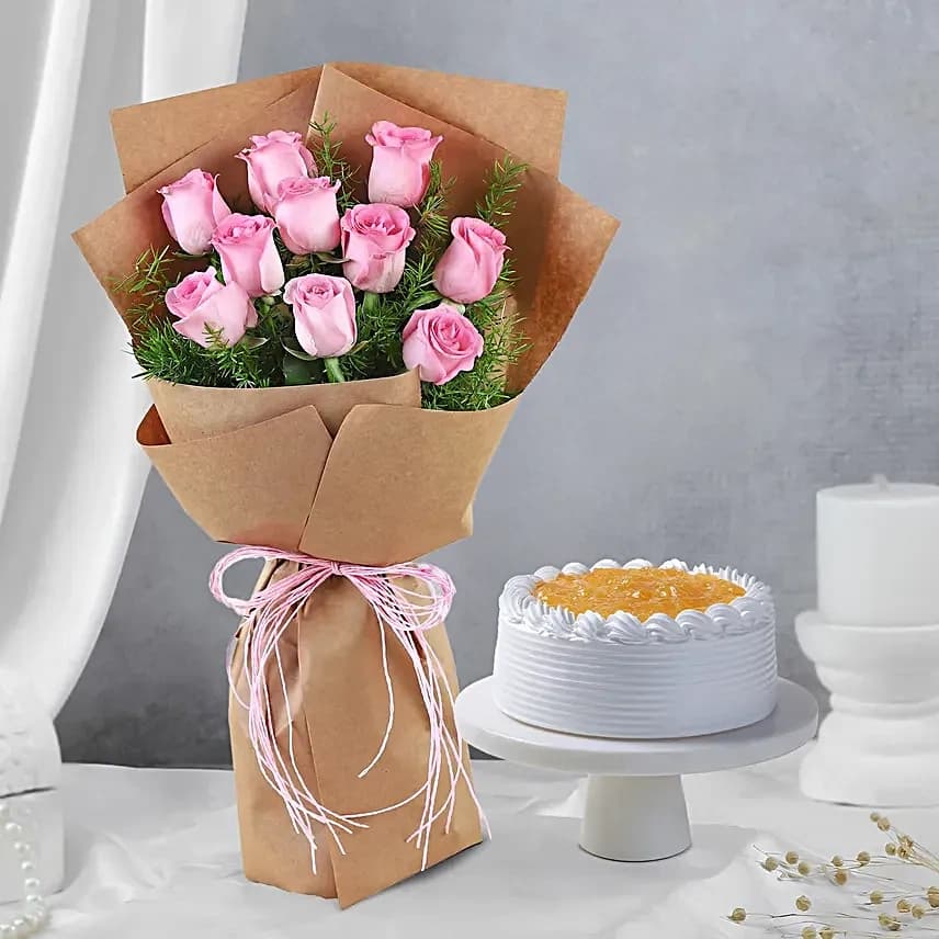 10 Pink Flowers  Roses With Pineapple Cake — view 1 of 4
