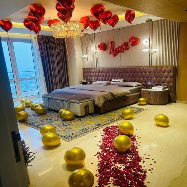 Romantic Surprise for her with Balloons and rose petals in Room Set — view 1 of 3