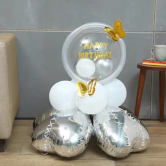 White & Silver Birthday Balloon Arrangement Set — view 1 of 7