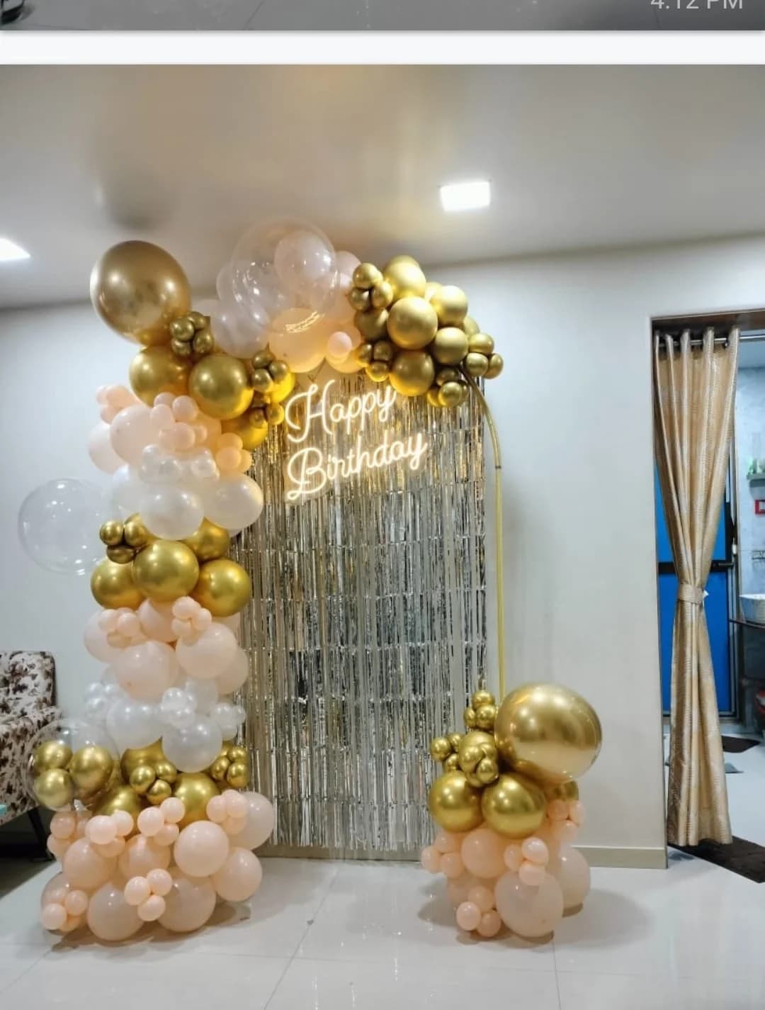 Golden Glow Birthday Backdrop with Metallic Balloons Decor — view 1 of 1