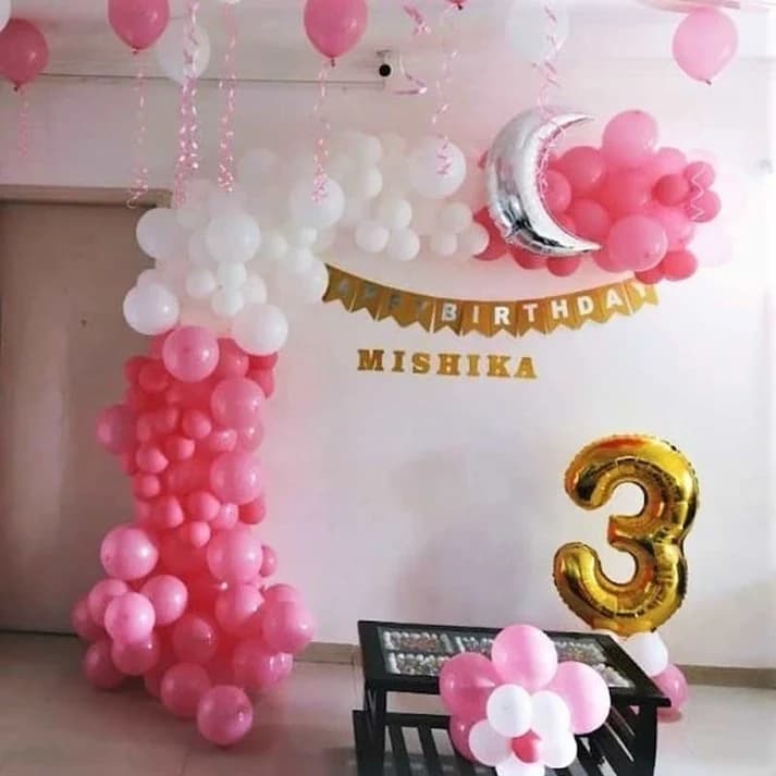 Moon Theme Birthday Decoration at Home with White Pink Balloons Set — view 1 of 2