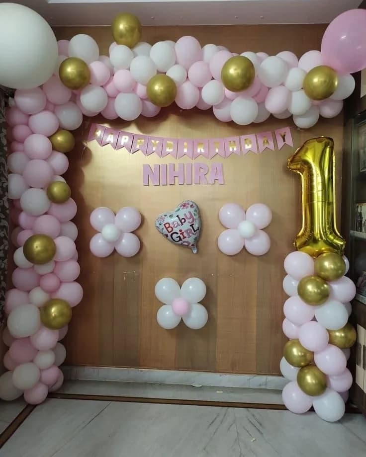 Pink and Gold Baby Girl Birthday Balloon Backdrop Set — view 1 of 1