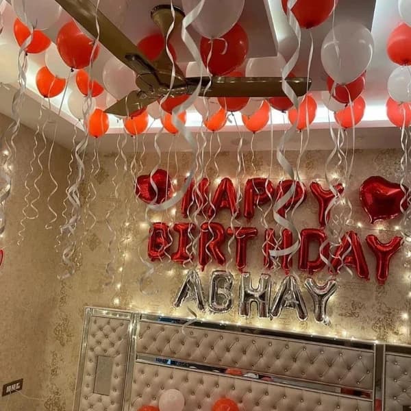 Romantic Room Decoration with Red and White Balloons and Fairy Lights Set — view 2 of 4