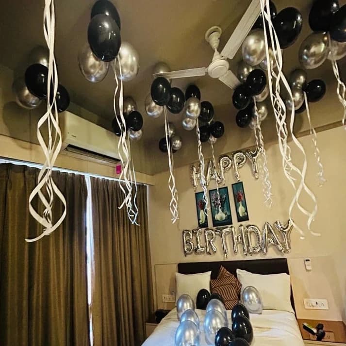 Silver and Black Balloon Decoration in Room for Birthday Set — view 1 of 1