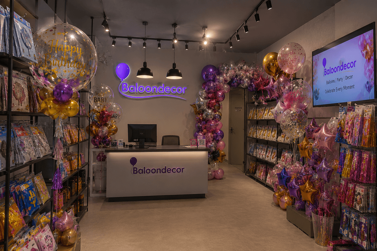 Baloondecor store interior decorated with a birthday balloon garland and party supplies on display