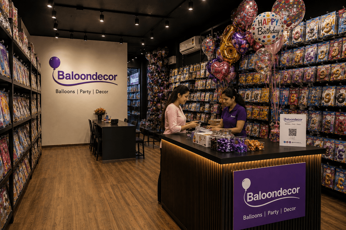 Baloondecor store staff assisting customers at the checkout counter